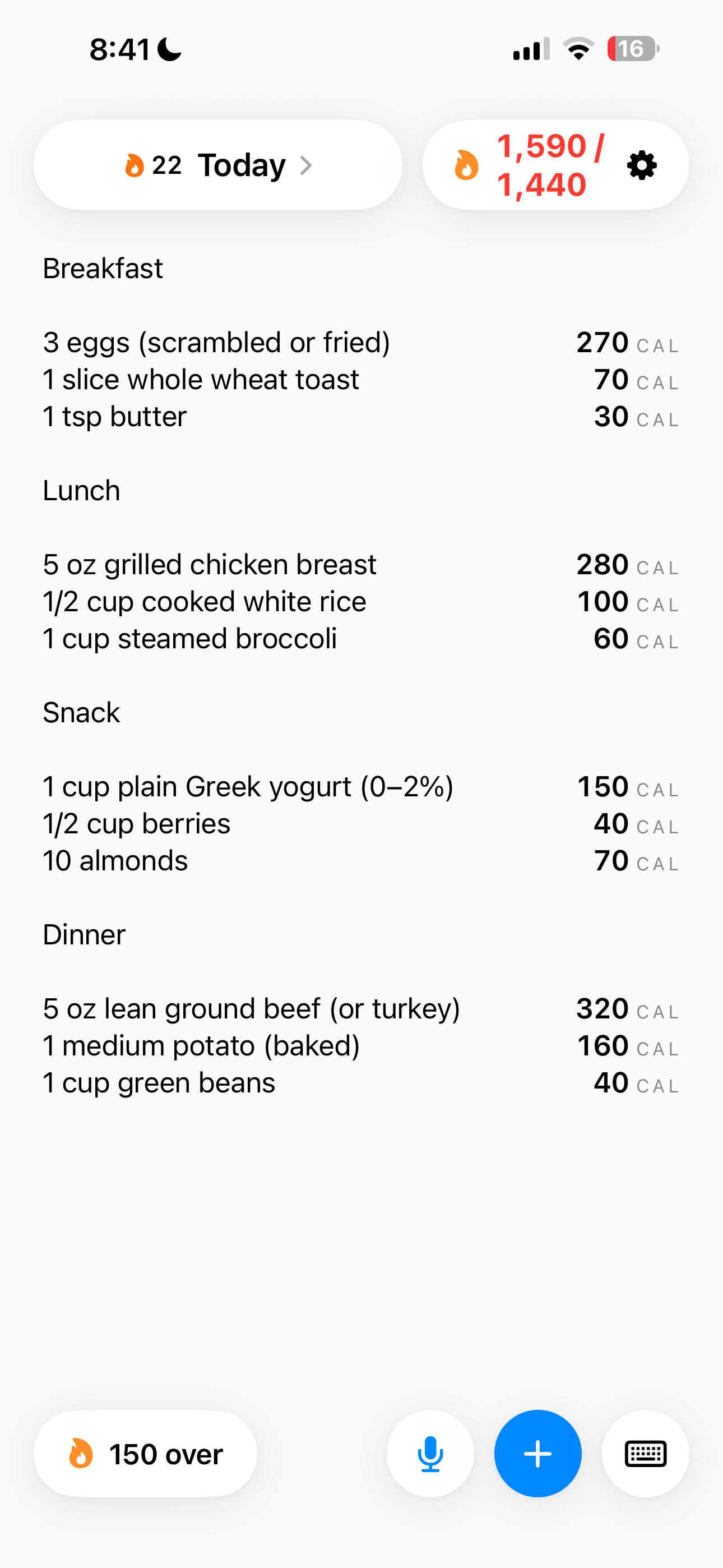 Lighter app on iPhone — typing-first calorie tracker with inline kcal estimates